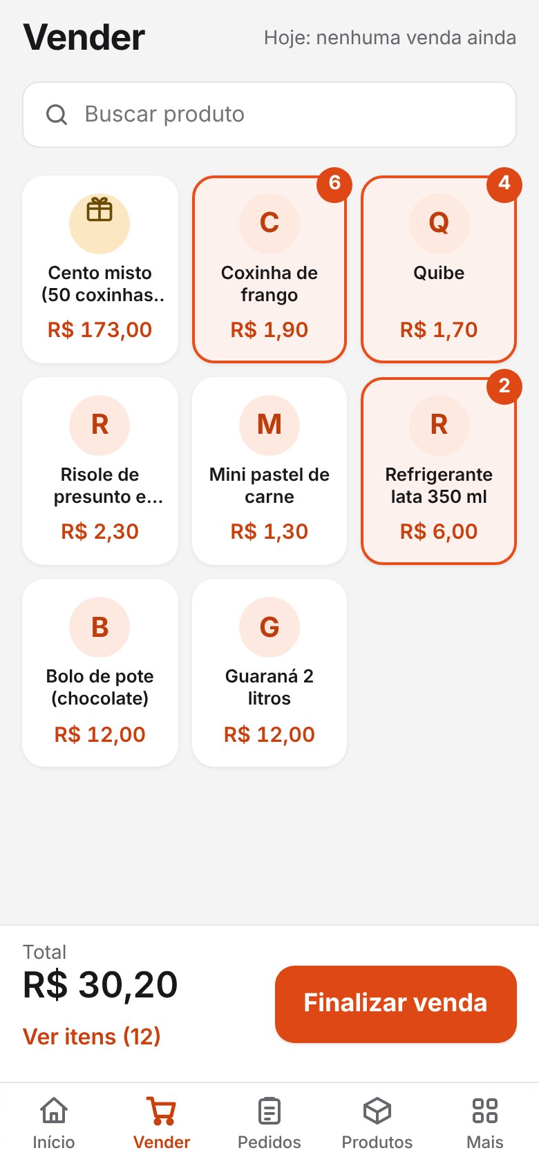 Tela Vender com coxinha, quibe e refrigerante no carrinho, total R$ 30,20