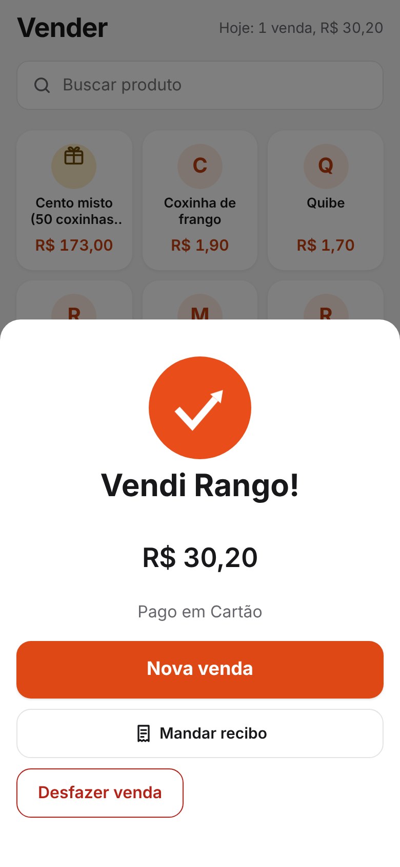 Tela de venda concluída com a mensagem Vendi Rango! e o valor de R$ 30,20